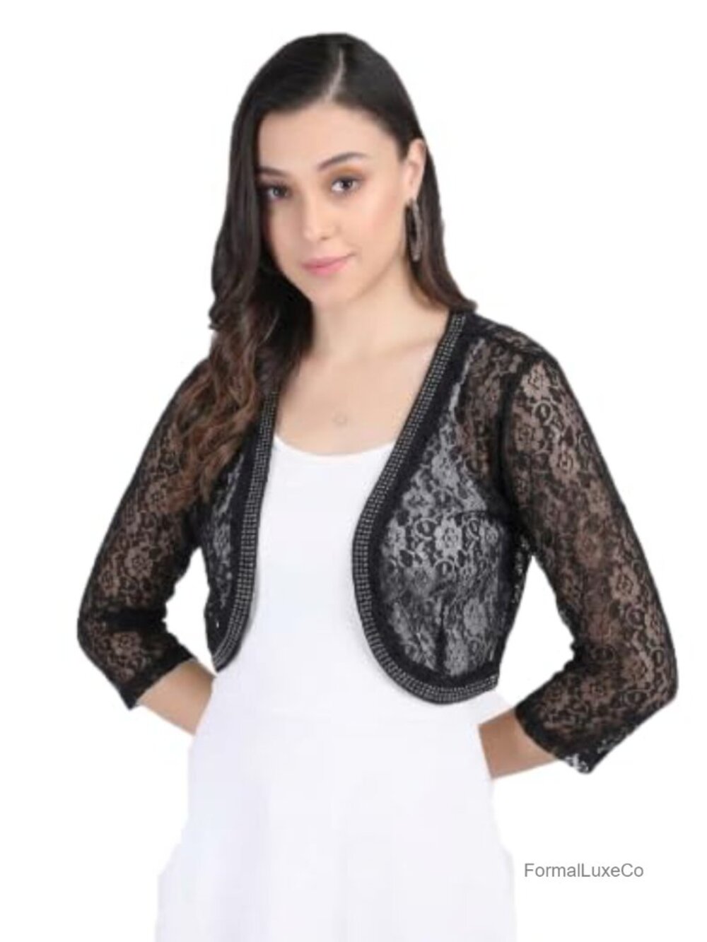 Embellished Net Shrug Open Neck 3/4 Sleeve Short Party Wear